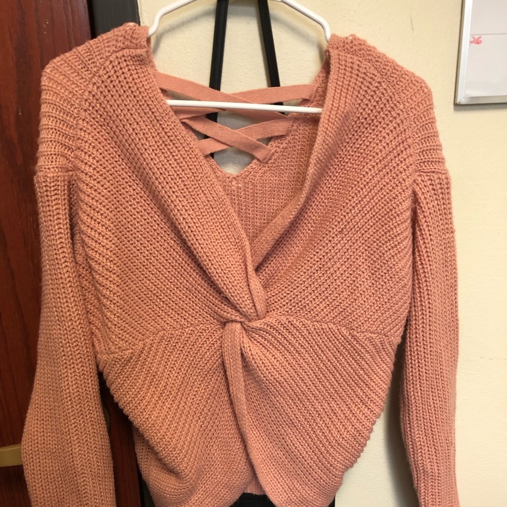 Pink Cropped Cross Knit Sweater